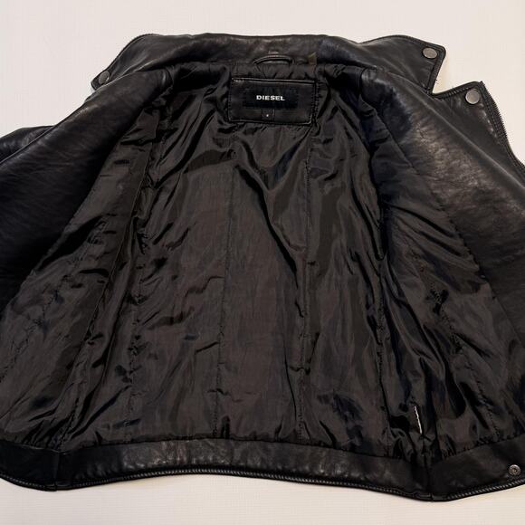Diesel Jacket Youth 8 Black Moto Biker Leather Look Asymmetrical Zip Pockets - Picture 12 of 13